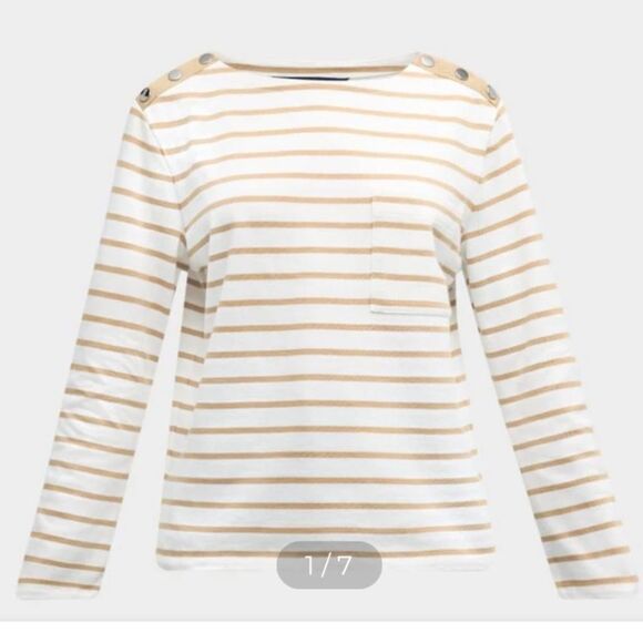 New VERONICA BEARD Hovey Striped Top Small Khaki / Off White Cotton - Picture 10 of 13